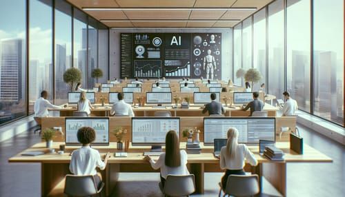 Bild zum Artikel "KI im Schweizer KMU" – Mitarbeitende in einem Schweizer Büro arbeiten mit KI-gestützten Dashboards, Automatisierung und digitalen Assistenzsystemen.