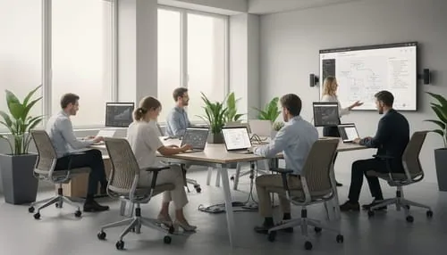 Bild zum Artikel "KI im Schweizer KMU" – Mitarbeitende in einem Schweizer Büro arbeiten mit KI-gestützten Dashboards, Automatisierung und digitalen Assistenzsystemen.
